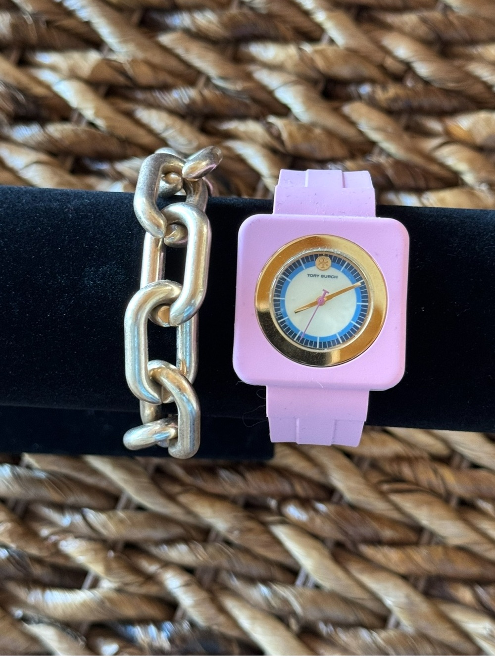 Tory Burch Izzie Watch Pink Silicone Square Watch with Gold Bezel 36 mm - Picture 14 of 15